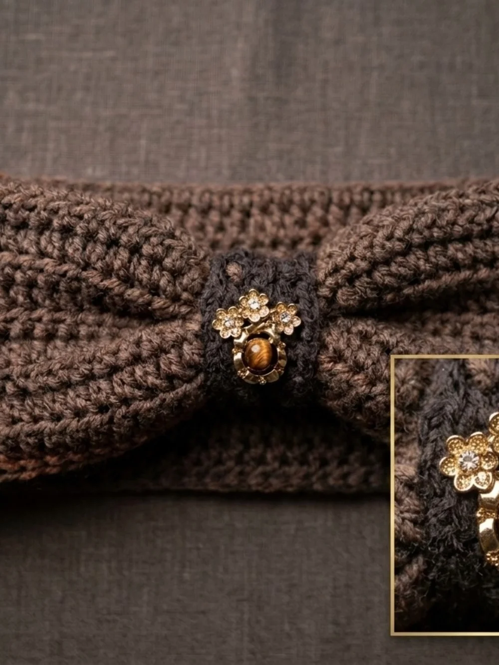 Brown Knit Bow Headband with Gold Floral Accent